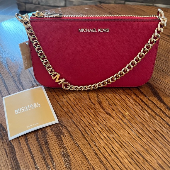 Michael Kors Jet Set Small Crossbody Bag Leather Chain Pouchette in Red